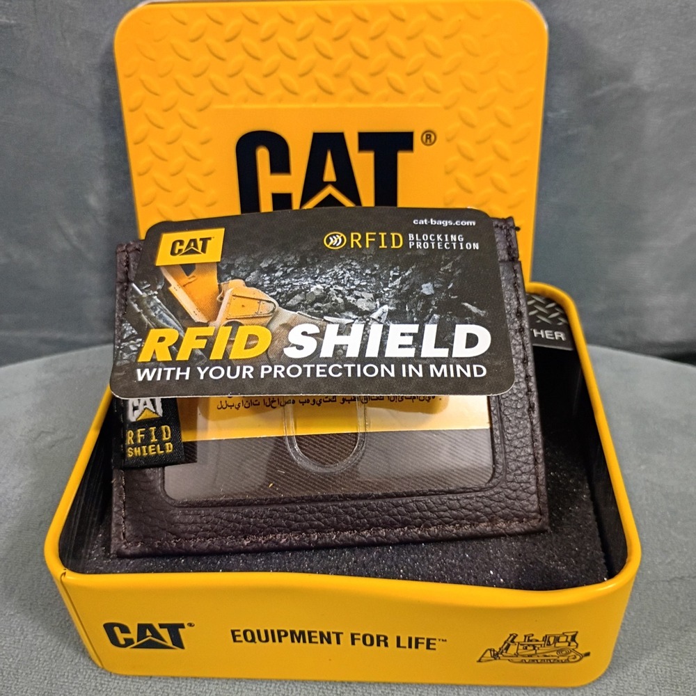 CAT Caterpillar Mens Brown Leather RFID Blocking Slim Card Holder Wallet in Tin